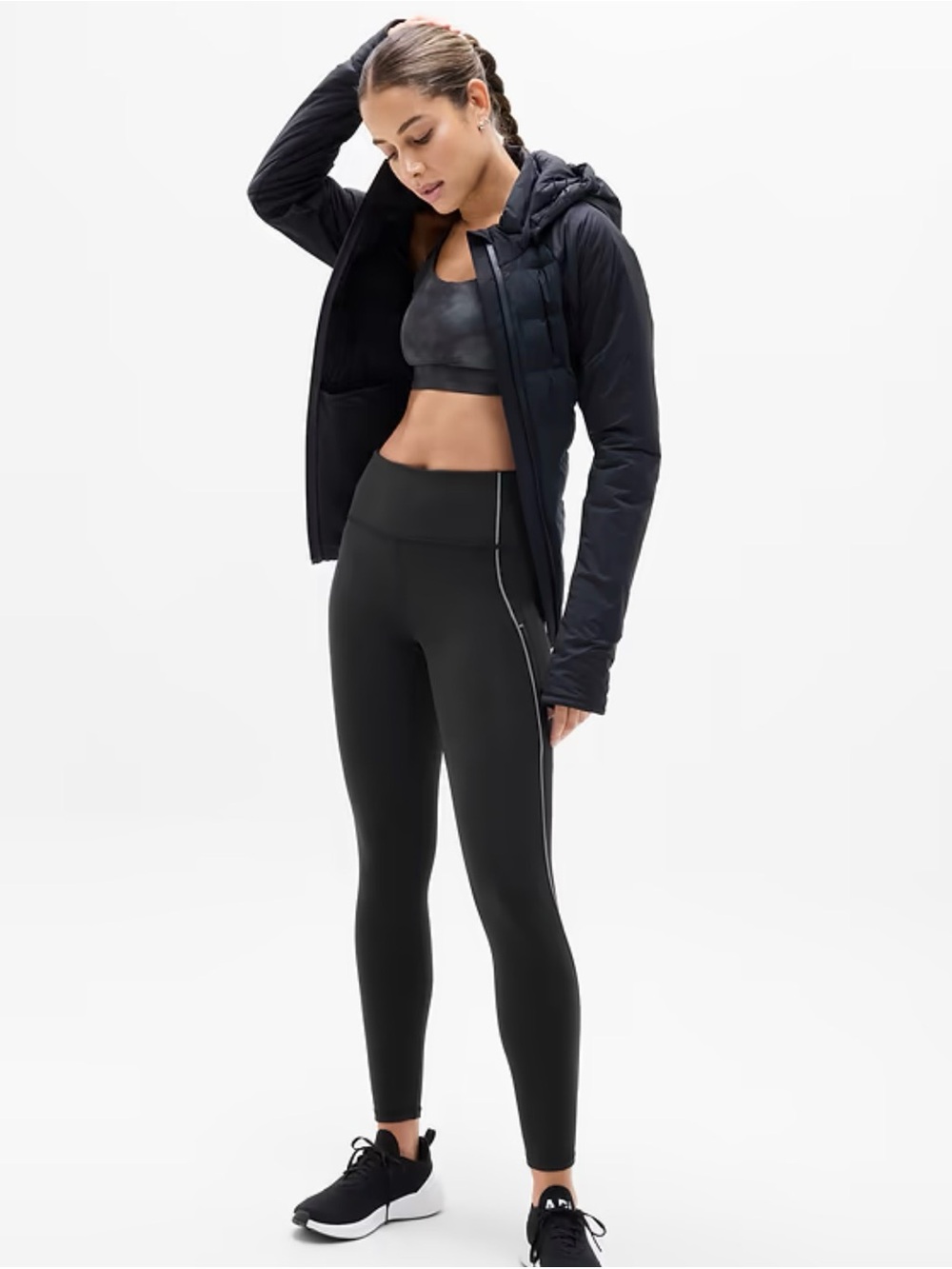 Athleta Black High-Waist Performance Leggings with Side Stripe & Pockets